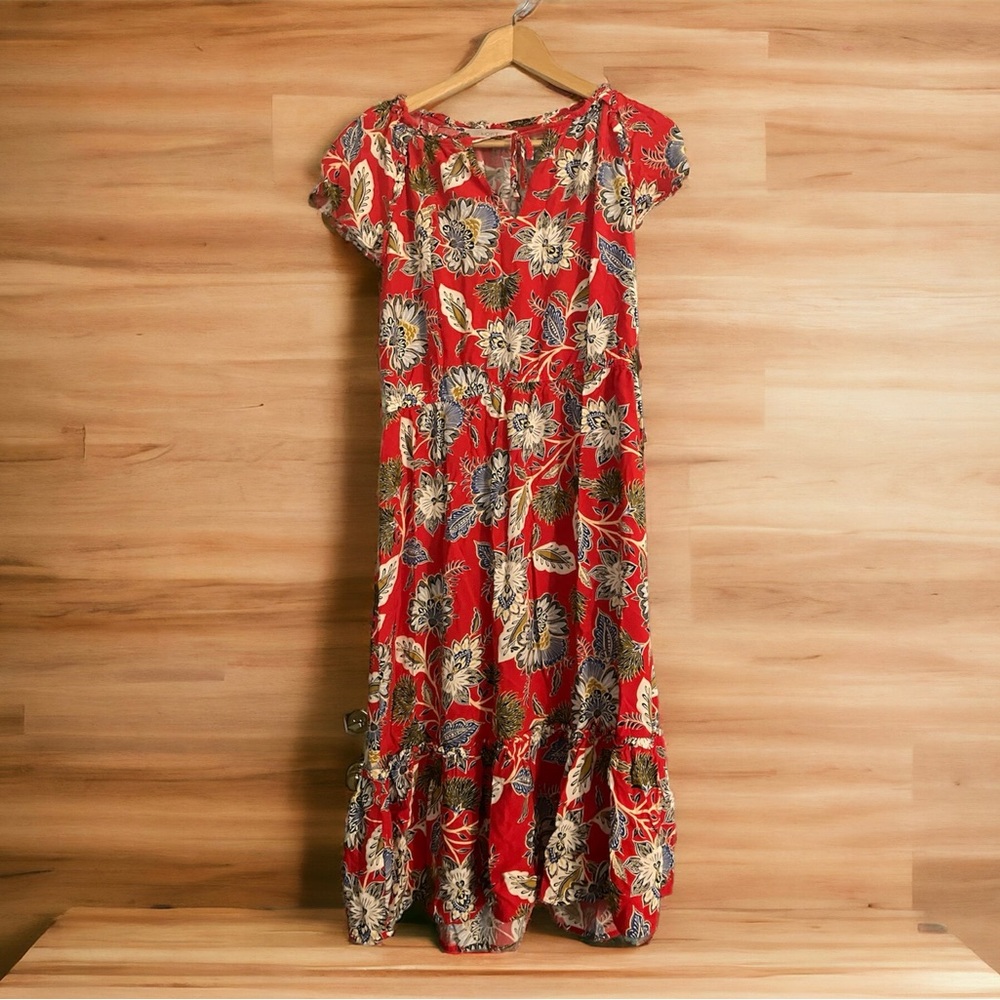 NEW Ann Taylor LOFT Red Floral Flounce Dress Size Small Vibrant Bold Tie Keyhole